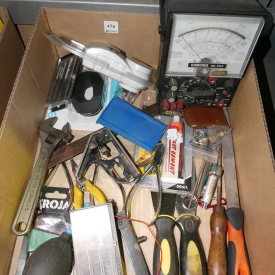 box; builder's squares, twist drills, voltmeter