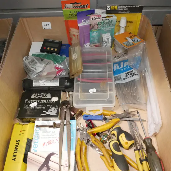 box; screwdrivers, nails,calipers etc