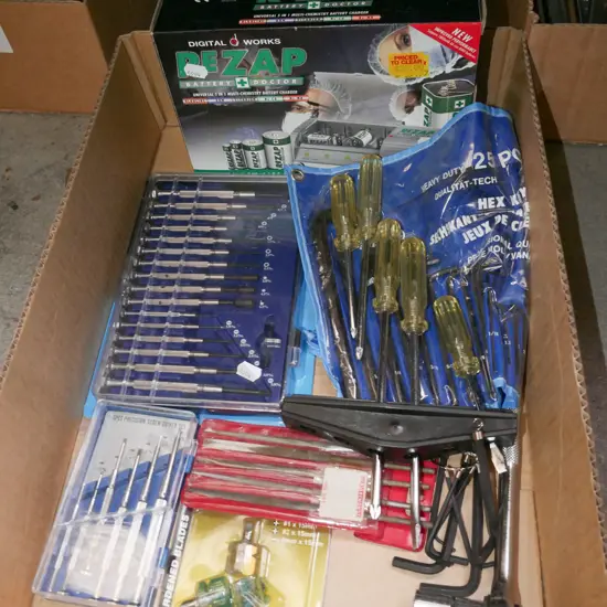 box; screwdriver sets, battery chargers etc