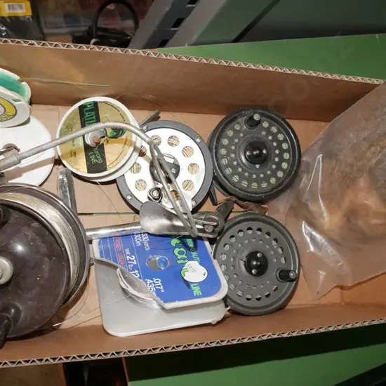box; fly fishing reels, lines, fly tieing feathers