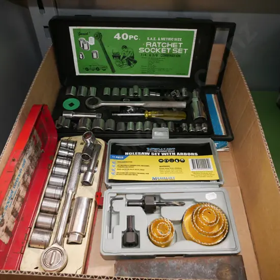 box; socket sets, hole saw set