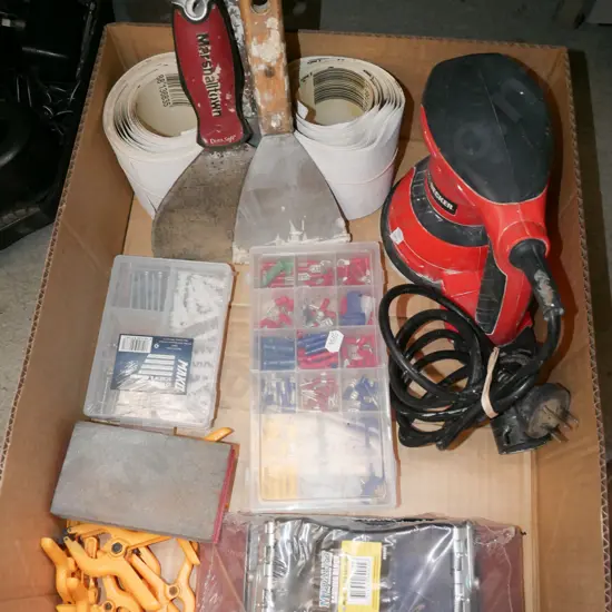 box; orbital sander, sanding blocks etc