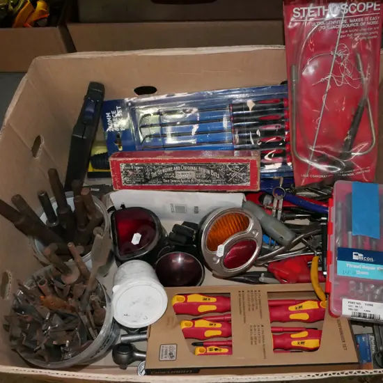 box; screwdriver set, hooks, car lights etc