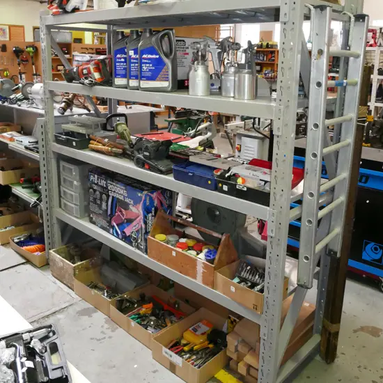 grey painted adjustable workshop shelves H-2000 W-2100 D-600 