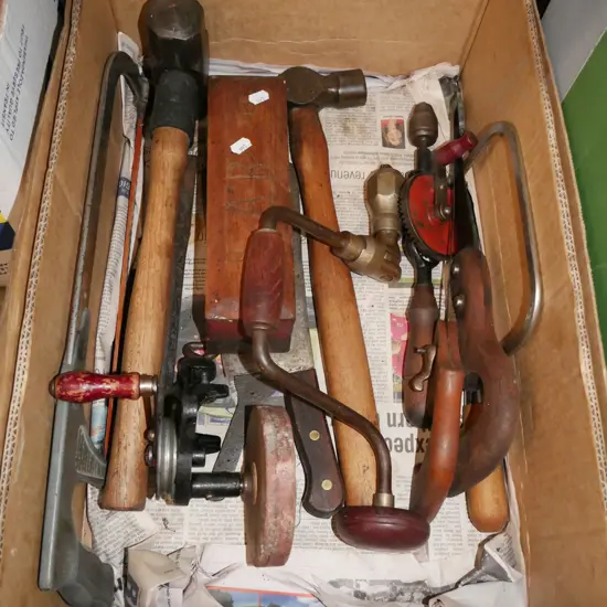 box; vintage tools, caulking hammer, sharpening stone, hand saws etc