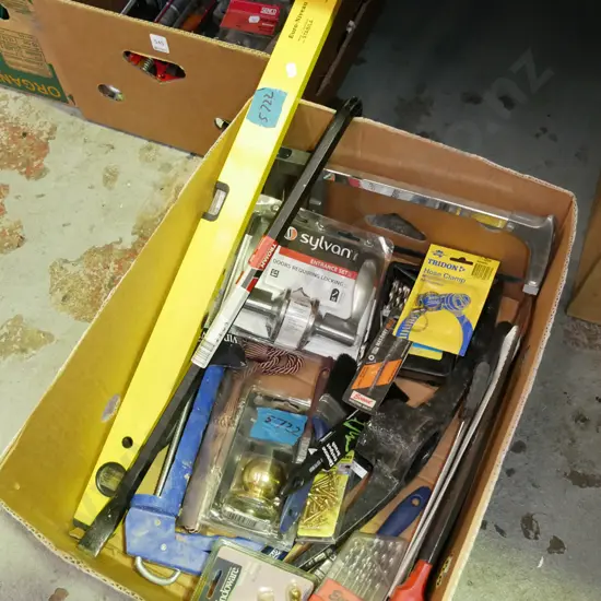 box; wrecking bar, hack saw, builders level etc