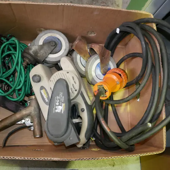 box; belt sanders, casters, bungees etc