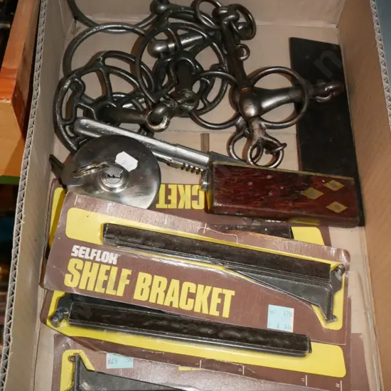 box; shelf brackets, builders level, bits etc