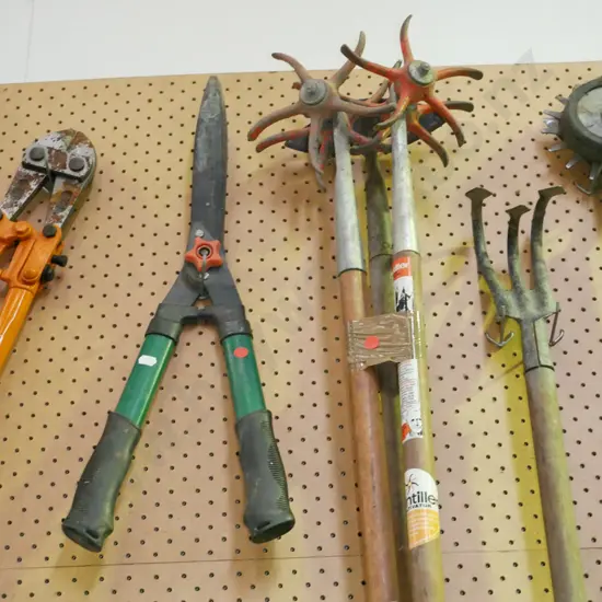 garden tillers, hoe, hedge clippers - red dots