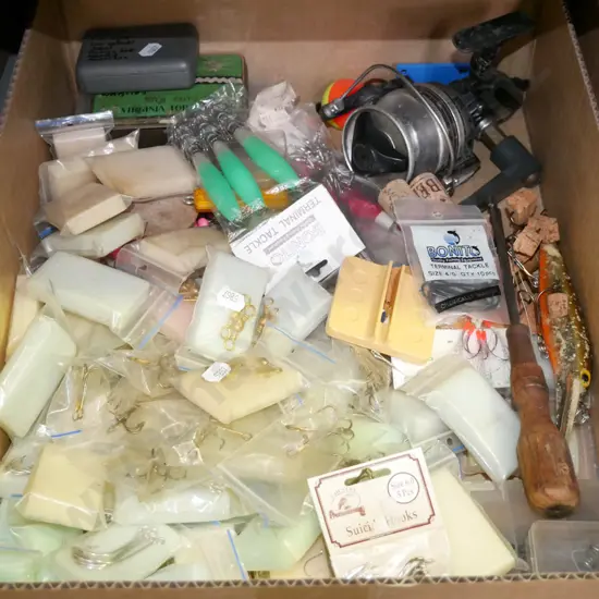 box; fishing hooks, reels, gibs etc