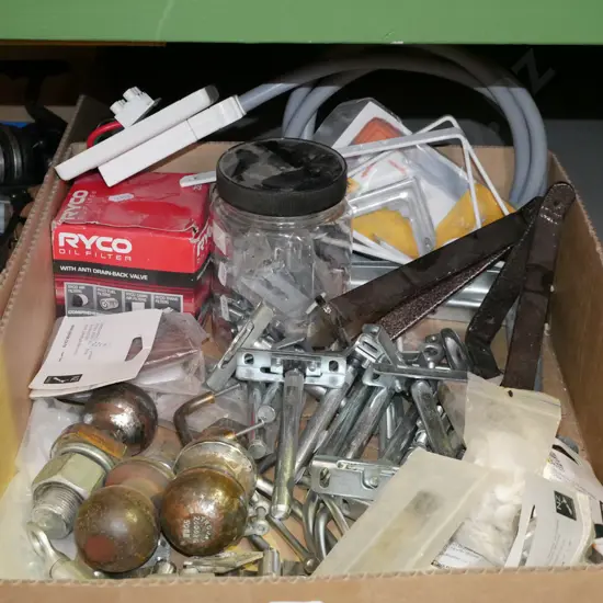 box; hanging shelf brackets, tow balls, cupboard door hardware etc