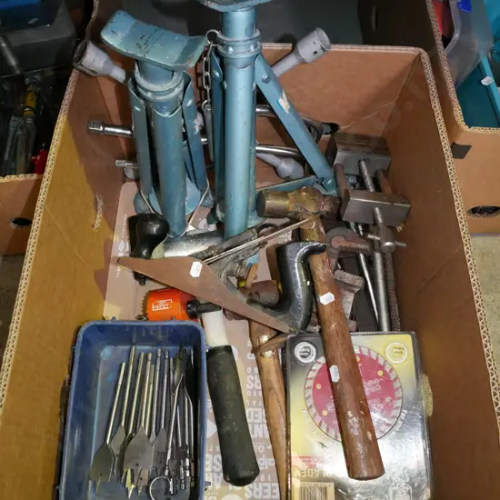 box; spade bits, axle stands, hammers etc