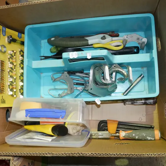 box; gardening tools, hanging hooks, picture hooks etc