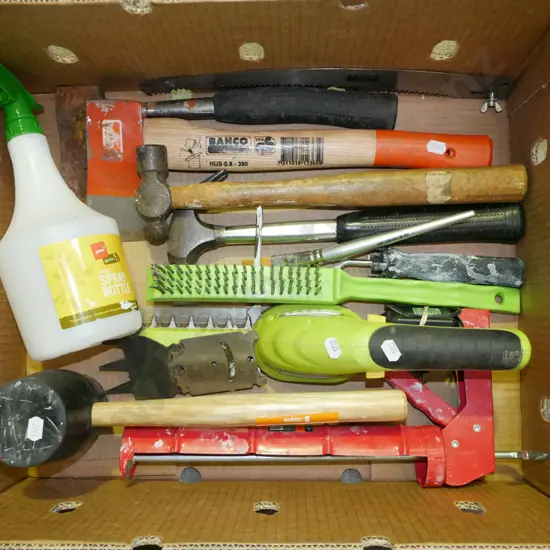 box; wire brush, hatchet, hammers etc