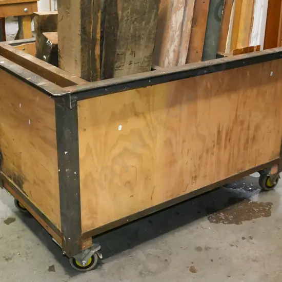 heavy duty ply and metal homemade storage bin on casters H-710 W-1240 D-720