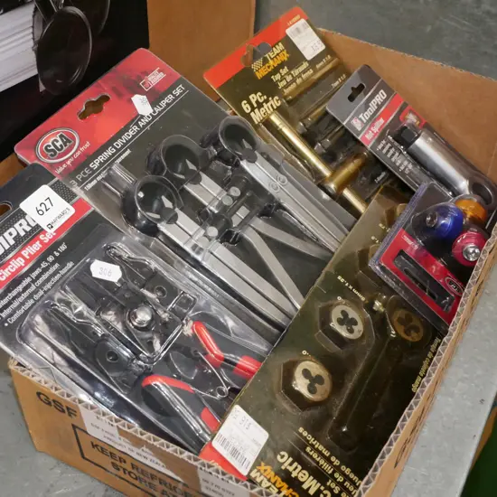 box; caliper sets, nut splitters, plier set etc