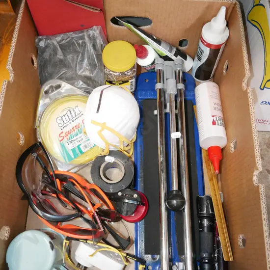 box; tile cutter, safety glasses etc