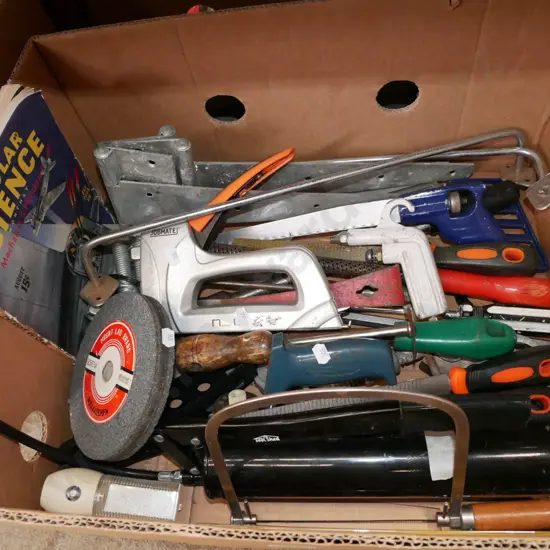 box; stapler, files, gate hinges etc