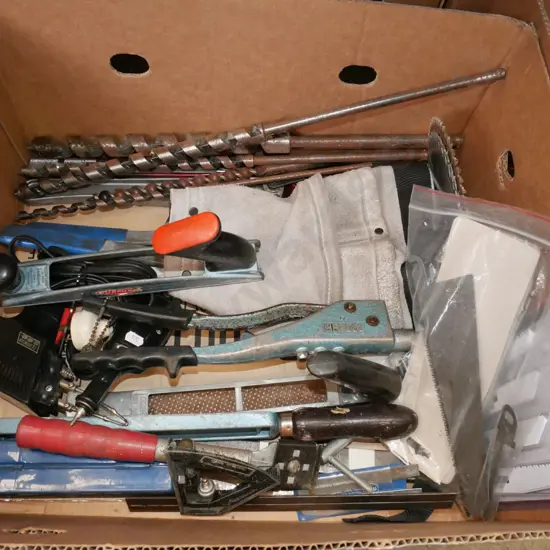 box; pop riveters, auger bits, etc
