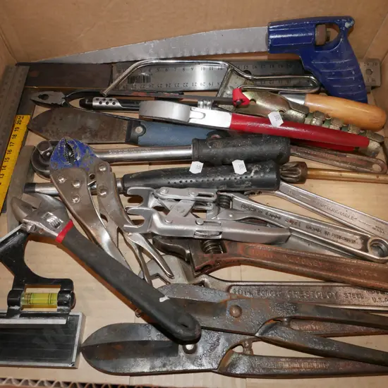box; vice grips, rulers etc