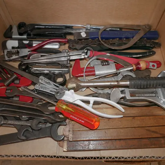 box; spanners, ratchets, builder's rules etc