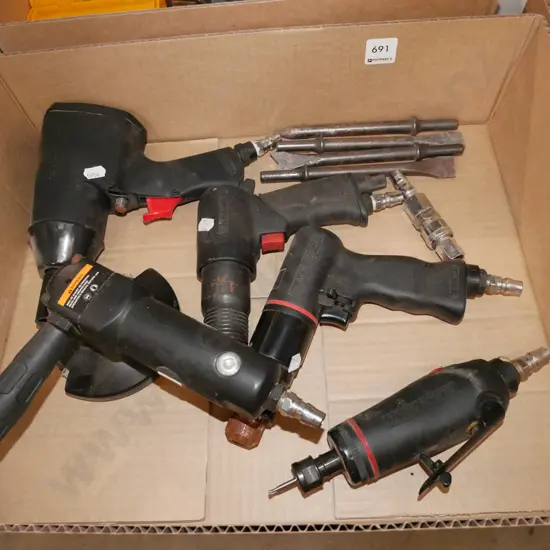 box of air powered tools; grinders, driver set