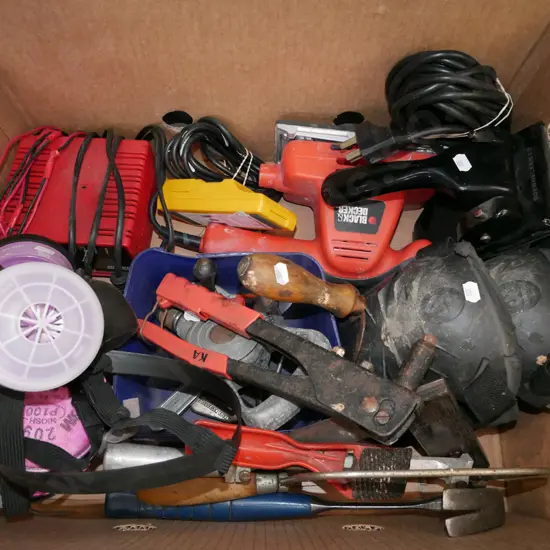 box; orbital sander, knee pads, battery charger etc