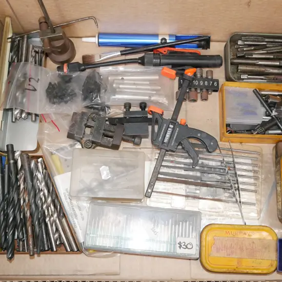box; drill bits, small engineer's vice etc
