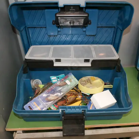 tackle box and contents; lures, sinkers
