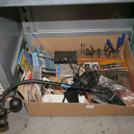 box; drill bits, calipers, files etc