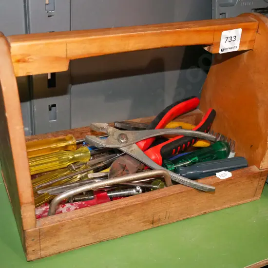 small wooden basket; clamps, pliers etc