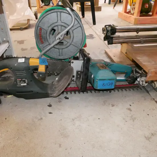 Makita electric chainsaw, Ryobi hegde trimmers