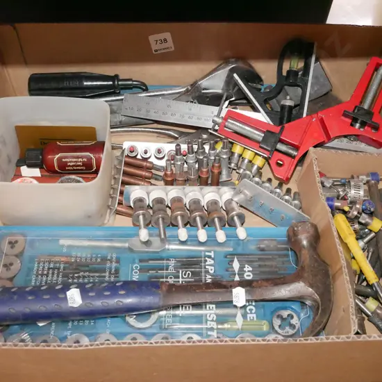 box; Fuller hammer, tap and die set etc