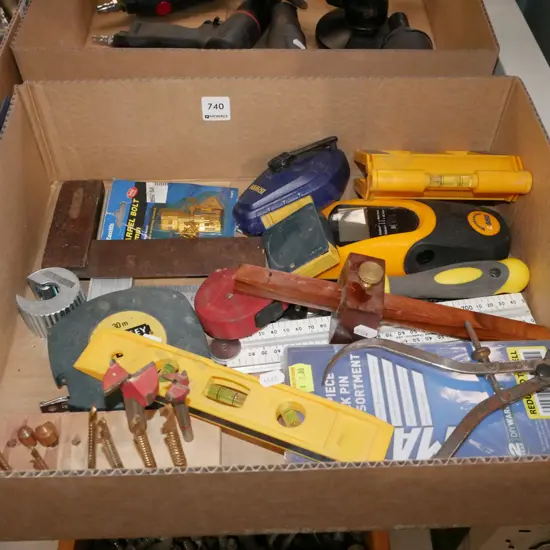 box; drill bits, stud finders etc