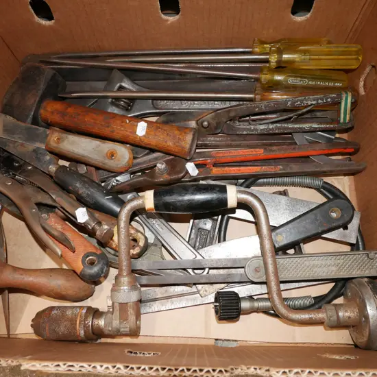 box; large crescent, vice grip, screwdrivers etc