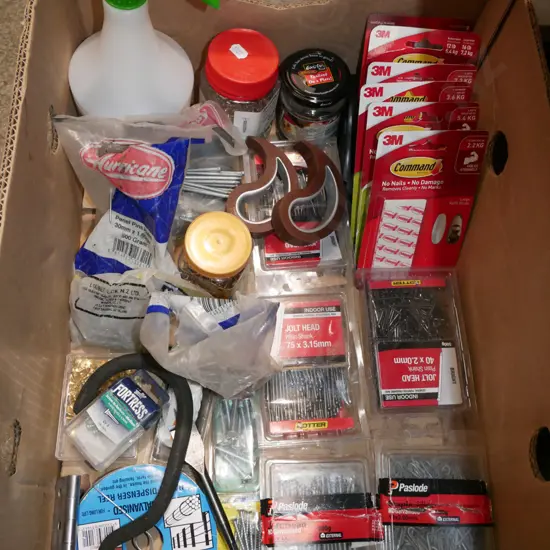box; nails, 3M command strips, screws etc