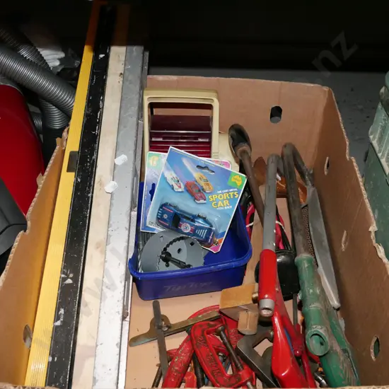 box; hand saws, levels, hole saw etc
