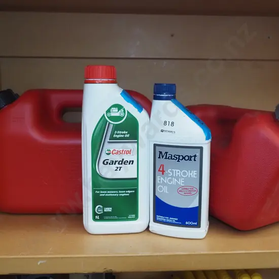 engine oil and 2 fuel containers