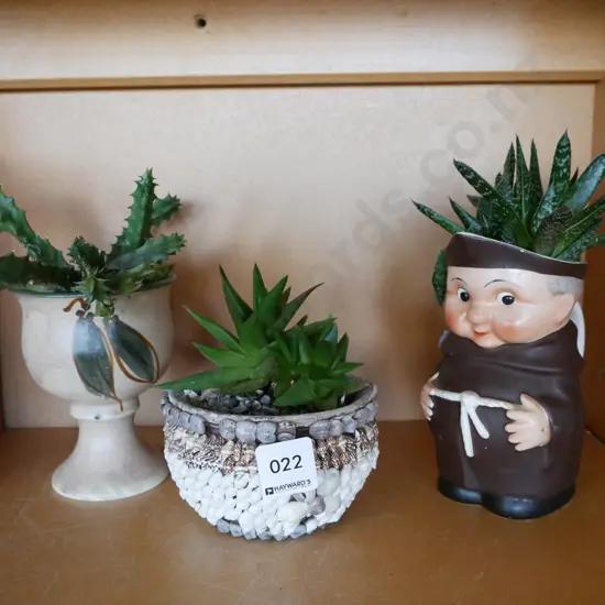  small succulents in planters, Hummel monk jug