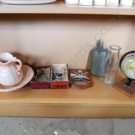 shelf; small wash bowl and jug, hand held shearers etc