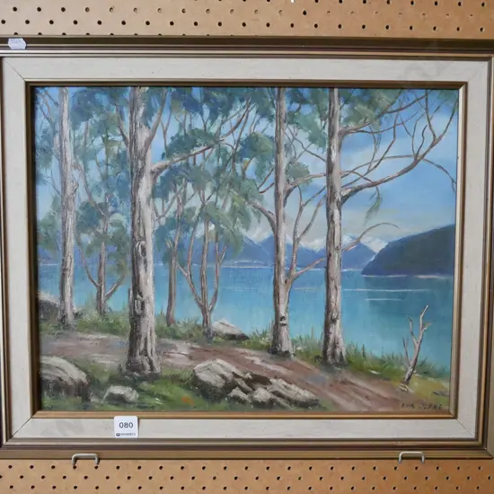 framed oil -trees, lake, mountain scene