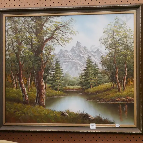 framed oil - stream and mountain scene