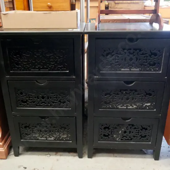 2x mdf black painted 3 drawer bedside cabinets with pierced scroll work fronts