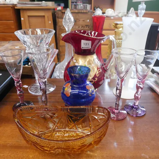 hand painted Italian ruby glass jug, cut crystal vase, amber glass bowl etc