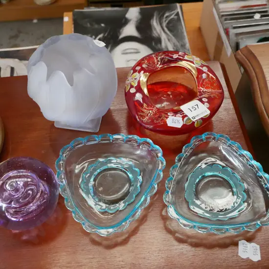 glass vase, ashtray, pin dishes, paperweight