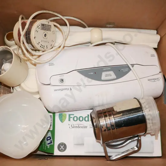 box; Sunbeam food saver, glass bowls, coffee grinder etc