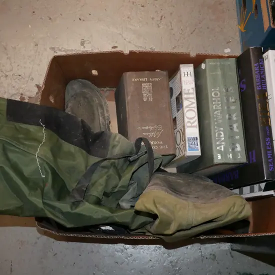 box; books, waders - size 11