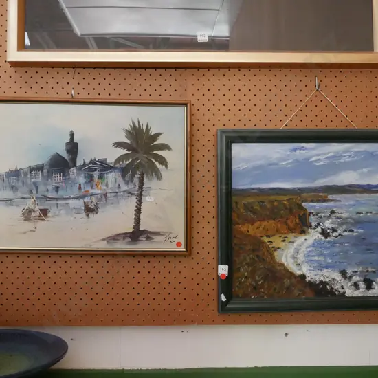 2x framed oils - coastal scenes - red dots