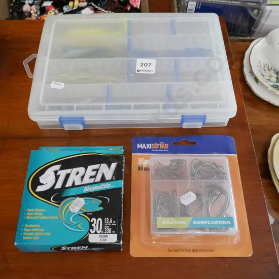 fish hooks, soft bait, line etc