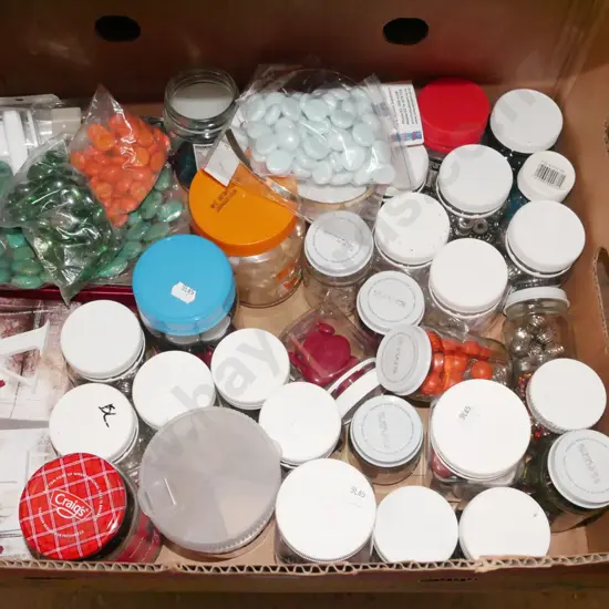 box; craft supplies, polished stones, beads etc